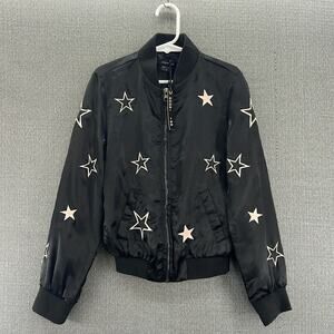 Paper‎ Tee Girls Black Satin Stars Embroidered Lightweight Bomber Jacket Size S